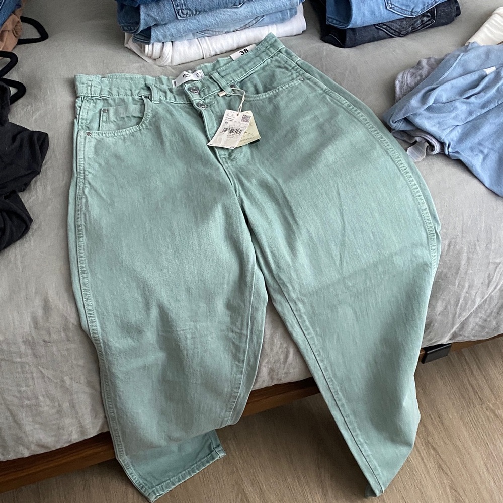 Mango High-Waist Mint Green Jeans